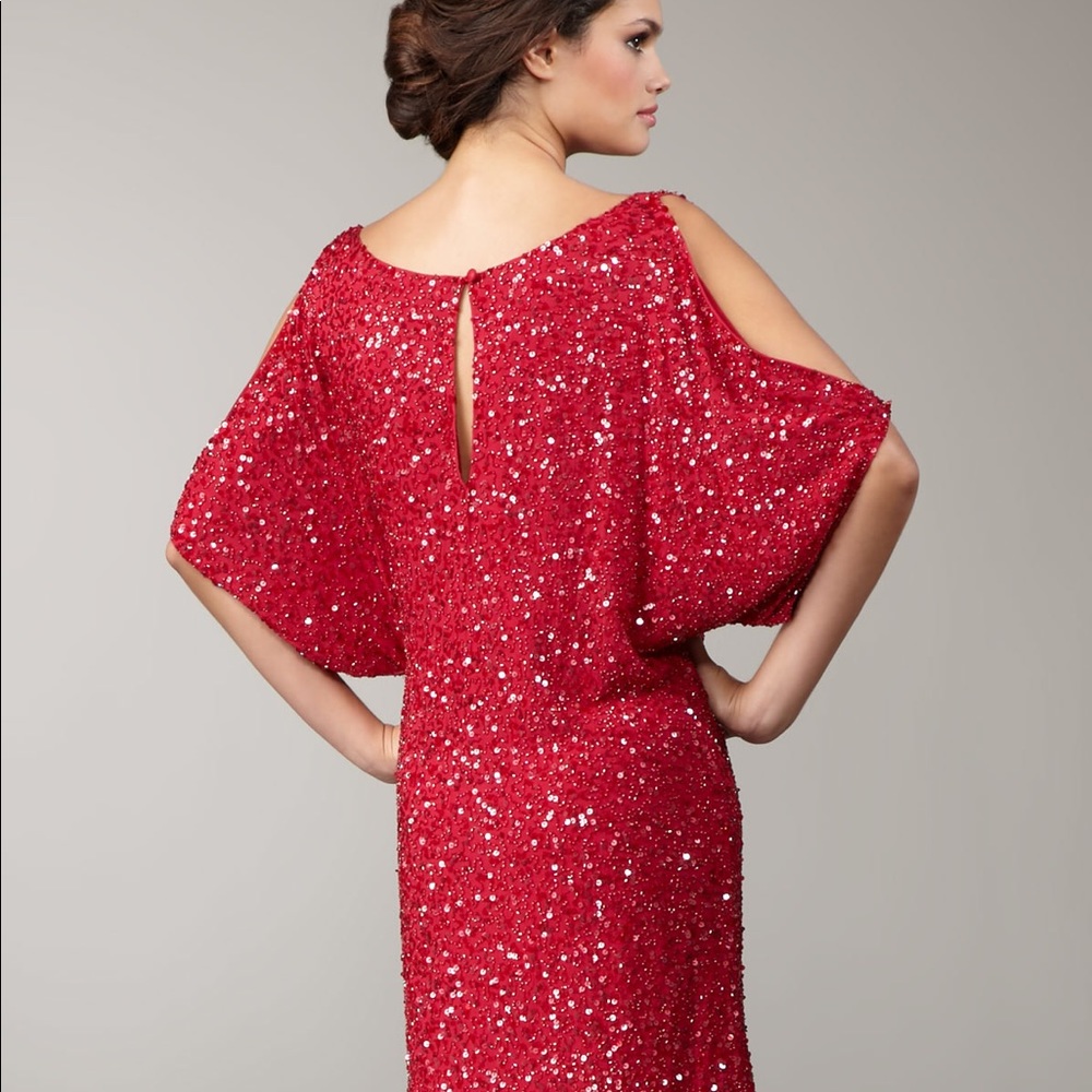 RED BEADED OPEN SHOULDER DRESS
